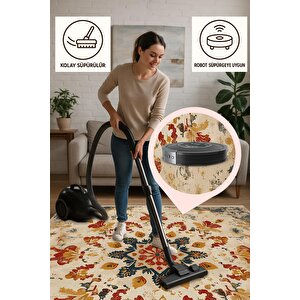 Mutfak Halısı – Kırmızı; Sarı; Lacivert; Krem – Eskitilmiş Görünümlü Oriental Desen, Makinede Yıkanabilir, Kolay Temizlenebilir, Toz Ve Tüy Tutmaz, Kaymaz, Evcil Hayvan Dostu