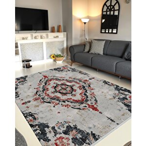 Pamuk Dokuma Taban Halı – Gri; Kırmızı; Lacivert – Eskitilmiş Görünümlü Oriental Desen, Makinede Yıkanabilir, Kolay Temizlenebilir, Toz Ve Tüy Tutmaz, Kaymaz, Evcil Hayvan Dostu 150x240 cm