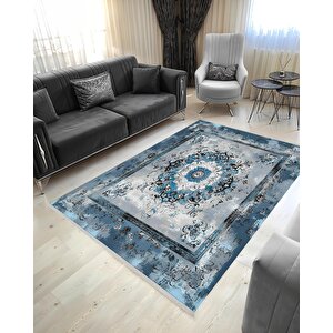 Mutfak Halısı – Mavi; Siyah; Beyaz – Eskitilmiş Görünümlü Oriental Desen, Makinede Yıkanabilir, Kolay Temizlenebilir, Toz Ve Tüy Tutmaz, Kaymaz, Evcil Hayvan Dostu