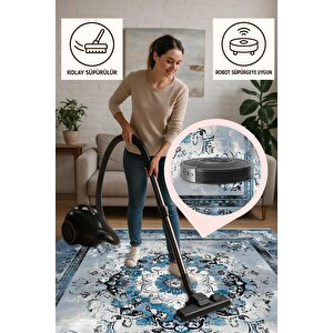 Mutfak Halısı – Mavi; Siyah; Beyaz – Eskitilmiş Görünümlü Oriental Desen, Makinede Yıkanabilir, Kolay Temizlenebilir, Toz Ve Tüy Tutmaz, Kaymaz, Evcil Hayvan Dostu