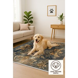 Pamuk Tabanlı Kaymaz Halı – Lacivert; Gold; Bej – Soyut Desen, Pamuk Dokuma Taban, Makinede Yıkanabilir, Kolay Temizlenebilir, Toz Ve Tüy Tutmaz, Kaymaz, Evcil Hayvan Dostu 120x270 cm