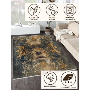 Pamuk Tabanlı Kaymaz Halı – Lacivert; Gold; Bej – Soyut Desen, Pamuk Dokuma Taban, Makinede Yıkanabilir, Kolay Temizlenebilir, Toz Ve Tüy Tutmaz, Kaymaz, Evcil Hayvan Dostu 120x270 cm