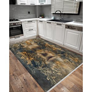 Pamuk Tabanlı Kaymaz Halı – Lacivert; Gold; Bej – Soyut Desen, Pamuk Dokuma Taban, Makinede Yıkanabilir, Kolay Temizlenebilir, Toz Ve Tüy Tutmaz, Kaymaz, Evcil Hayvan Dostu