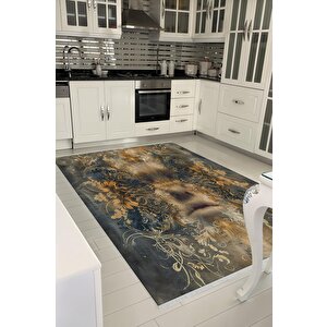 Pamuk Tabanlı Kaymaz Halı – Lacivert; Gold; Bej – Soyut Desen, Pamuk Dokuma Taban, Makinede Yıkanabilir, Kolay Temizlenebilir, Toz Ve Tüy Tutmaz, Kaymaz, Evcil Hayvan Dostu