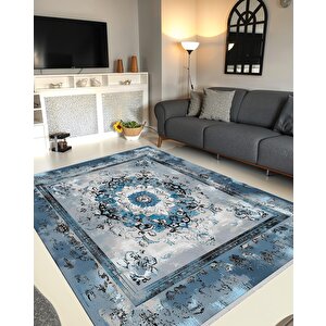 Mutfak Halısı – Mavi; Siyah; Beyaz – Eskitilmiş Görünümlü Oriental Desen, Makinede Yıkanabilir, Kolay Temizlenebilir, Toz Ve Tüy Tutmaz, Kaymaz, Evcil Hayvan Dostu 150x300 cm