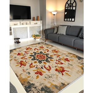 Mutfak Halısı – Kırmızı; Sarı; Lacivert; Krem – Eskitilmiş Görünümlü Oriental Desen, Makinede Yıkanabilir, Kolay Temizlenebilir, Toz Ve Tüy Tutmaz, Kaymaz, Evcil Hayvan Dostu 180x270 cm