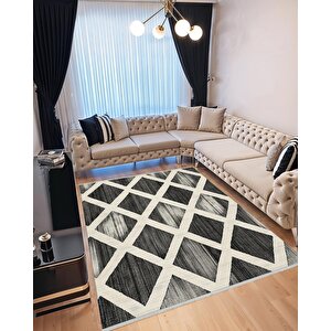 Mutfak Halısı – Siyah; Krem – Geometrik Desen, Makinede Yıkanabilir, Kolay Temizlenebilir, Toz Ve Tüy Tutmaz, Kaymaz, Evcil Hayvan Dostu