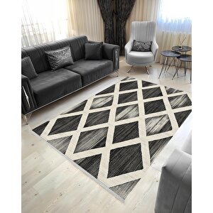 Mutfak Halısı – Siyah; Krem – Geometrik Desen, Makinede Yıkanabilir, Kolay Temizlenebilir, Toz Ve Tüy Tutmaz, Kaymaz, Evcil Hayvan Dostu