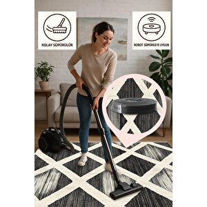 Mutfak Halısı – Siyah; Krem – Geometrik Desen, Makinede Yıkanabilir, Kolay Temizlenebilir, Toz Ve Tüy Tutmaz, Kaymaz, Evcil Hayvan Dostu