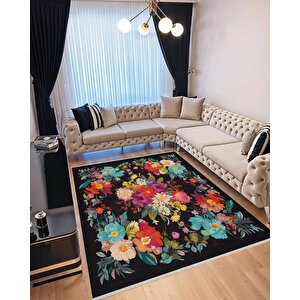 Mutfak Halısı – Siyah; Kırmızı; Sarı; Turkuaz; Beyaz – Çiçekli Desen, Makinede Yıkanabilir, Kolay Temizlenebilir, Toz Ve Tüy Tutmaz, Kaymaz, Evcil Hayvan Dostu 150x150 cm