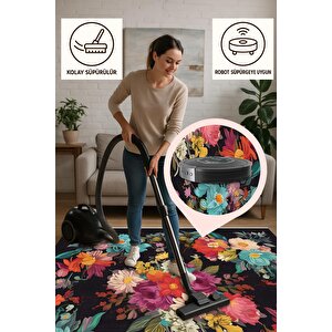 Mutfak Halısı – Siyah; Kırmızı; Sarı; Turkuaz; Beyaz – Çiçekli Desen, Makinede Yıkanabilir, Kolay Temizlenebilir, Toz Ve Tüy Tutmaz, Kaymaz, Evcil Hayvan Dostu