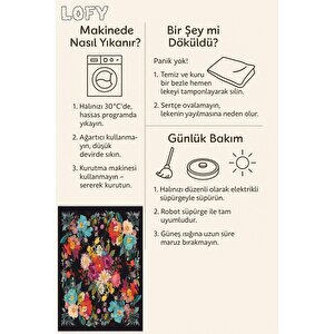 Mutfak Halısı – Siyah; Kırmızı; Sarı; Turkuaz; Beyaz – Çiçekli Desen, Makinede Yıkanabilir, Kolay Temizlenebilir, Toz Ve Tüy Tutmaz, Kaymaz, Evcil Hayvan Dostu