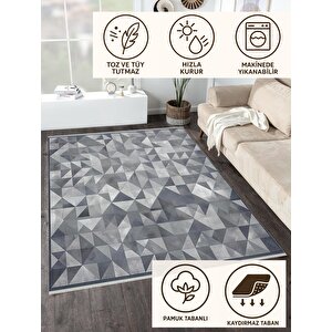 Pamuk Dokuma Taban Halı – Siyah; Gri; Beyaz – Geometric Desen, Makinede Yıkanabilir, Kolay Temizlenebilir, Toz Ve Tüy Tutmaz, Kaymaz, Evcil Hayvan Dostu
