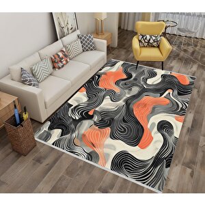 Pamuk Dokuma Taban Halı – Siyah; Turuncu; Gri; Krem – Soyut Desen, Makinede Yıkanabilir, Kolay Temizlenebilir, Toz Ve Tüy Tutmaz, Kaymaz, Evcil Hayvan Dostu 160x230 cm
