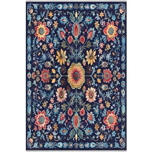 Pamuk Dokuma Taban Halı – Lacivert; Kırmızı; Sarı; Mavi – Geleneksel Floral Tasarım, Eskitilmiş Görünüm, Makinede Yıkanabilir, Kolay Temizlenebilir, Toz Ve Tüy Tutmaz, Kaymaz, Evcil Hayvan Dostu 80x80 cm