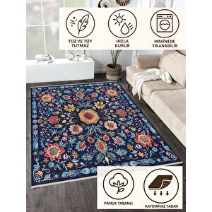 Pamuk Dokuma Taban Halı – Lacivert; Kırmızı; Sarı; Mavi – Geleneksel Floral Tasarım, Eskitilmiş Görünüm, Makinede Yıkanabilir, Kolay Temizlenebilir, Toz Ve Tüy Tutmaz, Kaymaz, Evcil Hayvan Dostu