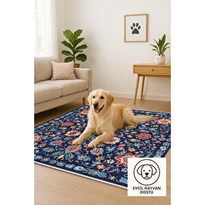 Pamuk Dokuma Taban Halı – Lacivert; Kırmızı; Sarı; Mavi – Geleneksel Floral Tasarım, Eskitilmiş Görünüm, Makinede Yıkanabilir, Kolay Temizlenebilir, Toz Ve Tüy Tutmaz, Kaymaz, Evcil Hayvan Dostu