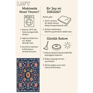 Pamuk Dokuma Taban Halı – Lacivert; Kırmızı; Sarı; Mavi – Geleneksel Floral Tasarım, Eskitilmiş Görünüm, Makinede Yıkanabilir, Kolay Temizlenebilir, Toz Ve Tüy Tutmaz, Kaymaz, Evcil Hayvan Dostu