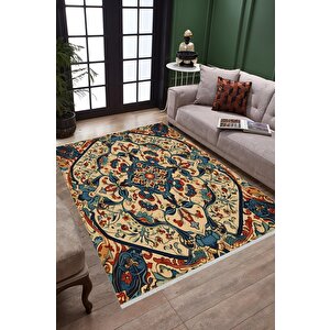 Pamuk Dokuma Taban Halı – Krem; Lacivert; Kırmızı; Turuncu – Geleneksel Desen, Makinede Yıkanabilir, Kolay Temizlenebilir, Toz Ve Tüy Tutmaz, Kaymaz, Evcil Hayvan Dostu 80x80 cm