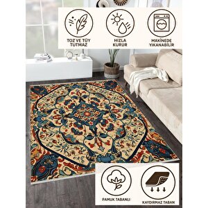 Pamuk Dokuma Taban Halı – Krem; Lacivert; Kırmızı; Turuncu – Geleneksel Desen, Makinede Yıkanabilir, Kolay Temizlenebilir, Toz Ve Tüy Tutmaz, Kaymaz, Evcil Hayvan Dostu