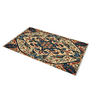 Pamuk Dokuma Taban Halı – Krem; Lacivert; Kırmızı; Turuncu – Geleneksel Desen, Makinede Yıkanabilir, Kolay Temizlenebilir, Toz Ve Tüy Tutmaz, Kaymaz, Evcil Hayvan Dostu