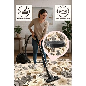 Pamuk Dokuma Taban Halı – Bej; Kahverengi; Gri – Çiçek Desen, Makinede Yıkanabilir, Kolay Temizlenebilir, Toz Ve Tüy Tutmaz, Kaymaz, Evcil Hayvan Dostu 200x270 cm