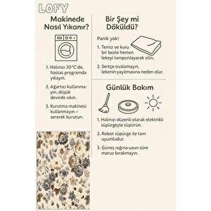 Pamuk Dokuma Taban Halı – Bej; Kahverengi; Gri – Çiçek Desen, Makinede Yıkanabilir, Kolay Temizlenebilir, Toz Ve Tüy Tutmaz, Kaymaz, Evcil Hayvan Dostu