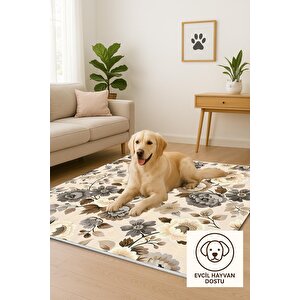 Pamuk Dokuma Taban Halı – Bej; Kahverengi; Gri – Çiçek Desen, Makinede Yıkanabilir, Kolay Temizlenebilir, Toz Ve Tüy Tutmaz, Kaymaz, Evcil Hayvan Dostu