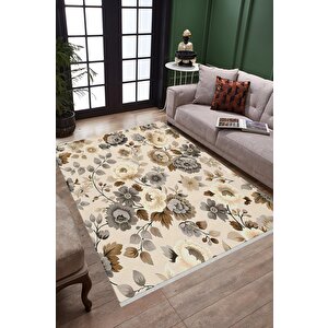 Pamuk Dokuma Taban Halı – Bej; Kahverengi; Gri – Çiçek Desen, Makinede Yıkanabilir, Kolay Temizlenebilir, Toz Ve Tüy Tutmaz, Kaymaz, Evcil Hayvan Dostu