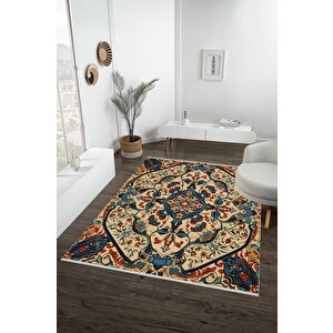 Pamuk Dokuma Taban Halı – Krem; Lacivert; Kırmızı; Turuncu – Geleneksel Desen, Makinede Yıkanabilir, Kolay Temizlenebilir, Toz Ve Tüy Tutmaz, Kaymaz, Evcil Hayvan Dostu 160x180 cm