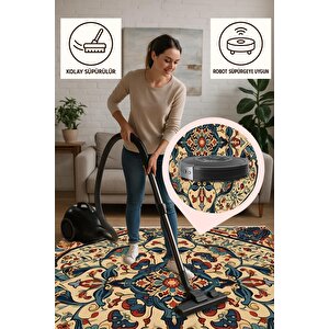 Pamuk Dokuma Taban Halı – Krem; Lacivert; Kırmızı; Turuncu – Geleneksel Desen, Makinede Yıkanabilir, Kolay Temizlenebilir, Toz Ve Tüy Tutmaz, Kaymaz, Evcil Hayvan Dostu