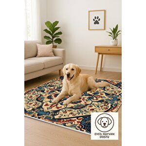 Pamuk Dokuma Taban Halı – Krem; Lacivert; Kırmızı; Turuncu – Geleneksel Desen, Makinede Yıkanabilir, Kolay Temizlenebilir, Toz Ve Tüy Tutmaz, Kaymaz, Evcil Hayvan Dostu