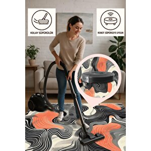 Pamuk Dokuma Taban Halı – Siyah; Turuncu; Gri; Krem – Soyut Desen, Makinede Yıkanabilir, Kolay Temizlenebilir, Toz Ve Tüy Tutmaz, Kaymaz, Evcil Hayvan Dostu 150x240 cm