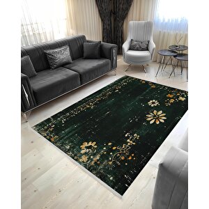 Mutfak Halısı – Yeşil; Sarı; Krem – Eskitilmiş Görünümlü Floral Desen, Makinede Yıkanabilir, Kolay Temizlenebilir, Toz Ve Tüy Tutmaz, Kaymaz, Evcil Hayvan Dostu 150x300 cm