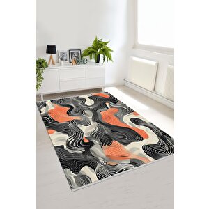 Pamuk Dokuma Taban Halı – Siyah; Turuncu; Gri; Krem – Soyut Desen, Makinede Yıkanabilir, Kolay Temizlenebilir, Toz Ve Tüy Tutmaz, Kaymaz, Evcil Hayvan Dostu