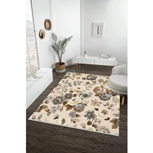 Pamuk Dokuma Taban Halı – Bej; Kahverengi; Gri – Çiçek Desen, Makinede Yıkanabilir, Kolay Temizlenebilir, Toz Ve Tüy Tutmaz, Kaymaz, Evcil Hayvan Dostu 120x270 cm