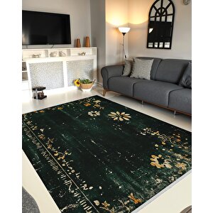 Mutfak Halısı – Yeşil; Sarı; Krem – Eskitilmiş Görünümlü Floral Desen, Makinede Yıkanabilir, Kolay Temizlenebilir, Toz Ve Tüy Tutmaz, Kaymaz, Evcil Hayvan Dostu