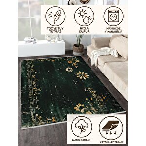 Mutfak Halısı – Yeşil; Sarı; Krem – Eskitilmiş Görünümlü Floral Desen, Makinede Yıkanabilir, Kolay Temizlenebilir, Toz Ve Tüy Tutmaz, Kaymaz, Evcil Hayvan Dostu