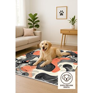 Pamuk Dokuma Taban Halı – Siyah; Turuncu; Gri; Krem – Soyut Desen, Makinede Yıkanabilir, Kolay Temizlenebilir, Toz Ve Tüy Tutmaz, Kaymaz, Evcil Hayvan Dostu