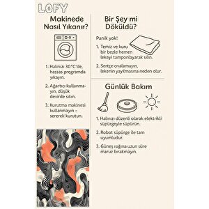 Pamuk Dokuma Taban Halı – Siyah; Turuncu; Gri; Krem – Soyut Desen, Makinede Yıkanabilir, Kolay Temizlenebilir, Toz Ve Tüy Tutmaz, Kaymaz, Evcil Hayvan Dostu