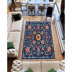 Pamuk Dokuma Taban Halı – Lacivert; Kırmızı; Sarı; Mavi – Geleneksel Floral Tasarım, Eskitilmiş Görünüm, Makinede Yıkanabilir, Kolay Temizlenebilir, Toz Ve Tüy Tutmaz, Kaymaz, Evcil Hayvan Dostu