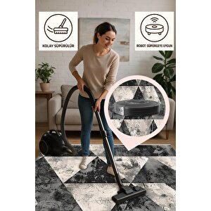 Pamuk Dokuma Taban Halı – Siyah; Gri; Krem – Geometrik Desen, Makinede Yıkanabilir, Kolay Temizlenebilir, Toz Ve Tüy Tutmaz, Kaymaz, Evcil Hayvan Dostu