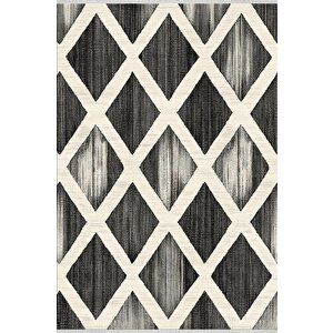 Mutfak Halısı – Siyah; Krem – Geometrik Desen, Makinede Yıkanabilir, Kolay Temizlenebilir, Toz Ve Tüy Tutmaz, Kaymaz, Evcil Hayvan Dostu 160x350 cm