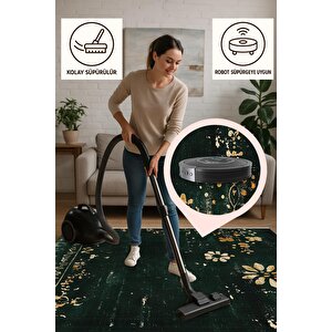 Mutfak Halısı – Yeşil; Sarı; Krem – Eskitilmiş Görünümlü Floral Desen, Makinede Yıkanabilir, Kolay Temizlenebilir, Toz Ve Tüy Tutmaz, Kaymaz, Evcil Hayvan Dostu