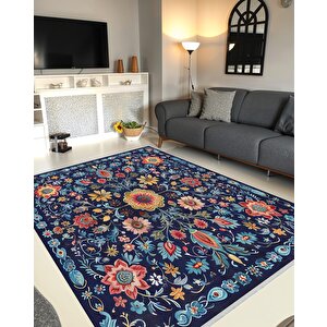 Pamuk Dokuma Taban Halı – Lacivert; Kırmızı; Sarı; Mavi – Geleneksel Floral Tasarım, Eskitilmiş Görünüm, Makinede Yıkanabilir, Kolay Temizlenebilir, Toz Ve Tüy Tutmaz, Kaymaz, Evcil Hayvan Dostu 200x350 cm
