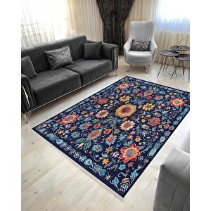 Pamuk Dokuma Taban Halı – Lacivert; Kırmızı; Sarı; Mavi – Geleneksel Floral Tasarım, Eskitilmiş Görünüm, Makinede Yıkanabilir, Kolay Temizlenebilir, Toz Ve Tüy Tutmaz, Kaymaz, Evcil Hayvan Dostu 200x350 cm