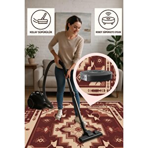 Pamuk Dokuma Taban Halı – Kırmızı; Bej – Oriental Desen, Makinede Yıkanabilir, Kolay Temizlenebilir, Toz Ve Tüy Tutmaz, Kaymaz, Evcil Hayvan Dostu