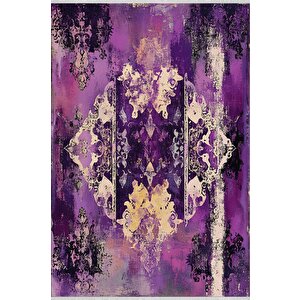 Pamuk Dokuma Taban Halı – Mor; Siyah; Bej – Eskitilmiş Görünümlü Soyut Desen, Makinede Yıkanabilir, Kolay Temizlenebilir, Toz Ve Tüy Tutmaz, Kaymaz, Evcil Hayvan Dostu 160x180 cm