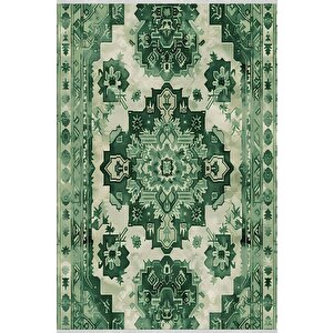 Pamuk Dokuma Taban Halı – Yeşil; Krem – Oriental Desen, Makinede Yıkanabilir, Kolay Temizlenebilir, Toz Ve Tüy Tutmaz, Kaymaz, Evcil Hayvan Dostu 80x80 cm