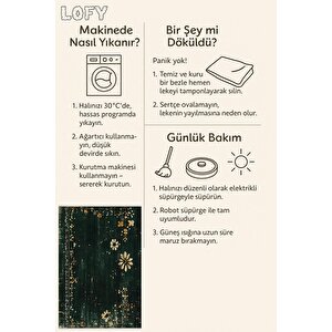 Mutfak Halısı – Yeşil; Sarı; Krem – Eskitilmiş Görünümlü Floral Desen, Makinede Yıkanabilir, Kolay Temizlenebilir, Toz Ve Tüy Tutmaz, Kaymaz, Evcil Hayvan Dostu